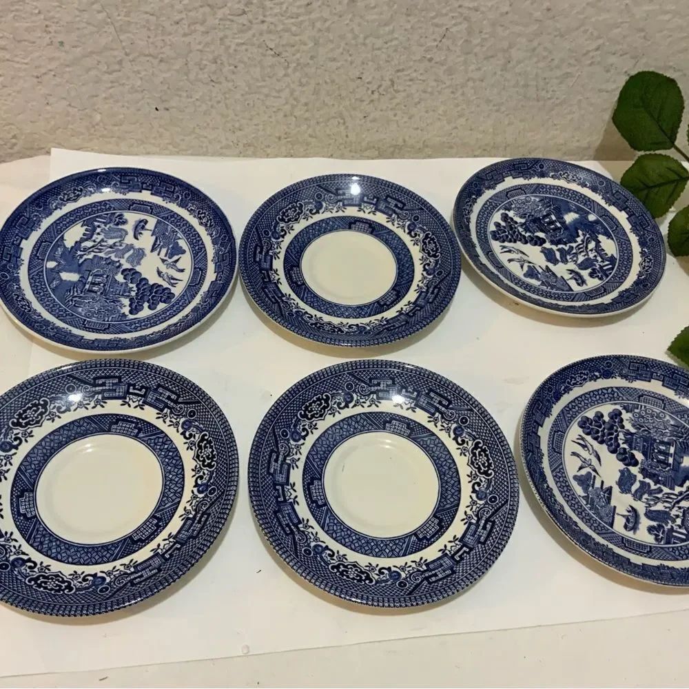 Vintage Churchill England Blue Willow Snack 6 pcs Plate & Saucer Set Stoneware